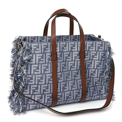 Fendi Denim Vitello King F is  FF Embroidered Summer Tote Myrtle Dark Nut 2 of 8