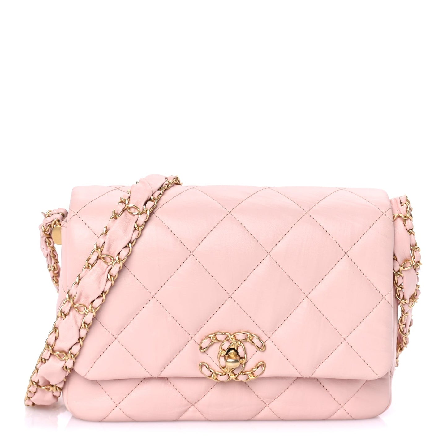 Crumpled Calfskin Quilted Braided CC Flap Light Pink