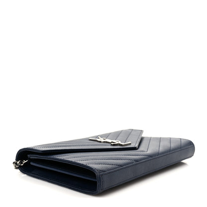 Saint Laurent Grain De Poudre Matelasse Chevron Monogram Chain Wallet Deep Marine 4 of 9