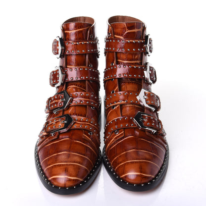 Givenchy Crocodile Embossed Calfskin Studded Elegant Flat Bootie 38.5 Brown 5 of 10