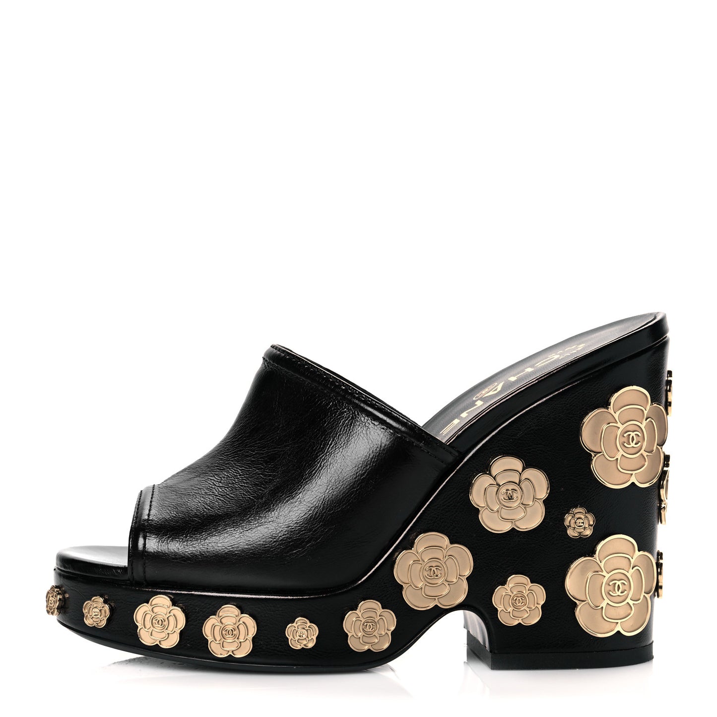 Crumpled Calfskin Camellia Wedge Mules 36 Black