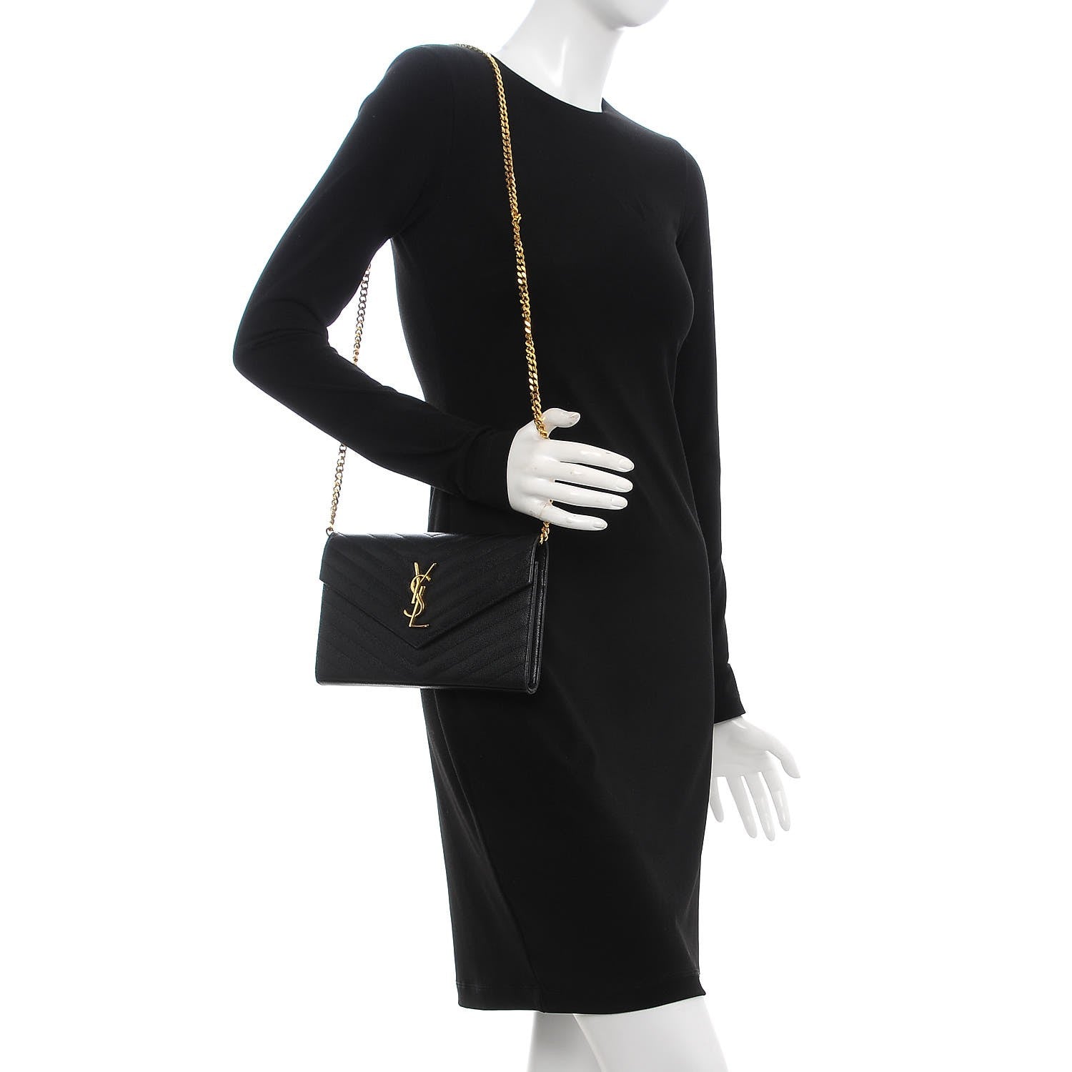 Saint Laurent Grain De Poudre Matelasse Chevron Monogram Chain Wallet Black 2 of 9