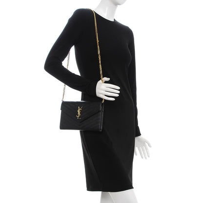 Saint Laurent Grain De Poudre Matelasse Chevron Monogram Chain Wallet Black 2 of 9