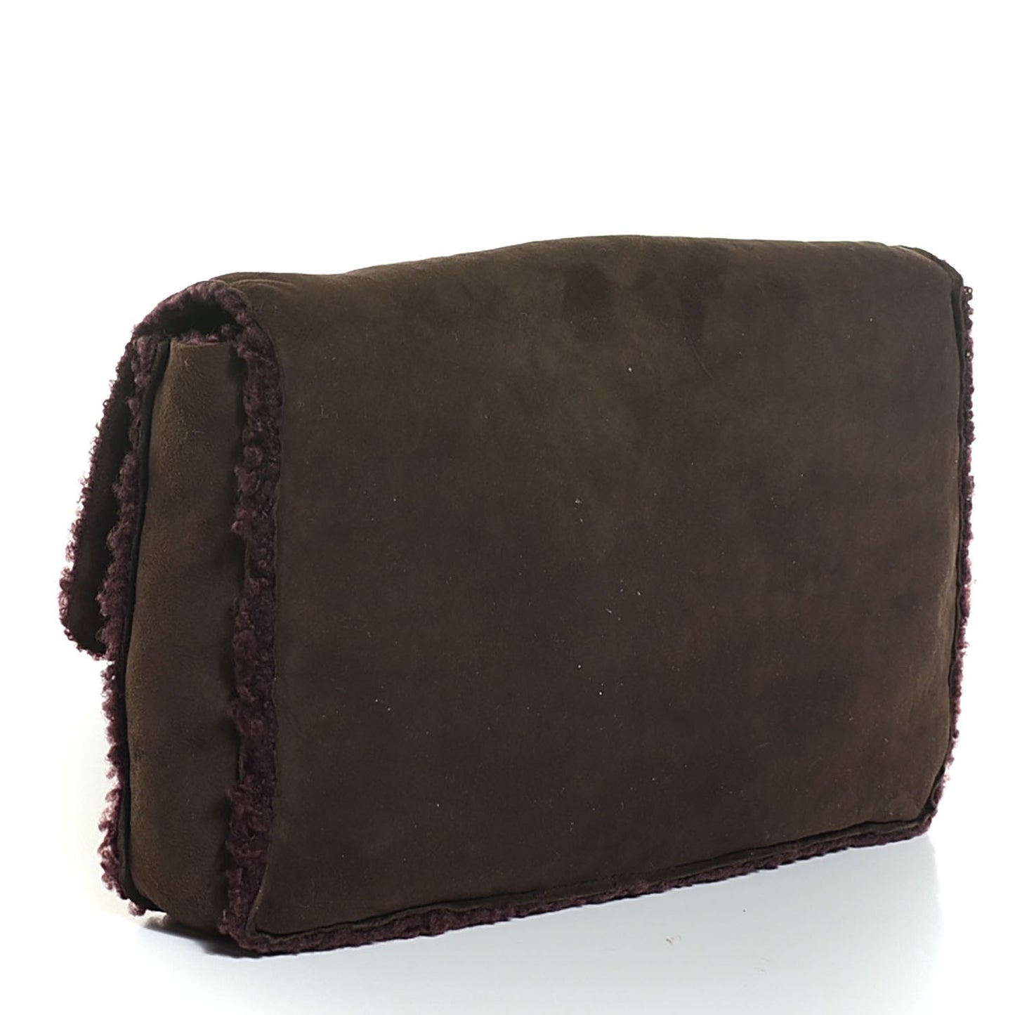 Suede Shearling Flap Clutch Brown Purple