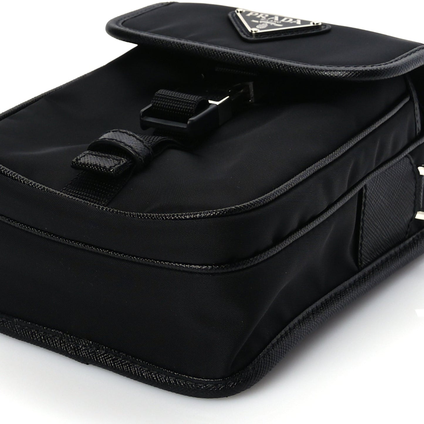 Re-Nylon Saffiano Mini Pocket Single Snap Buckle Messenger Bag Black