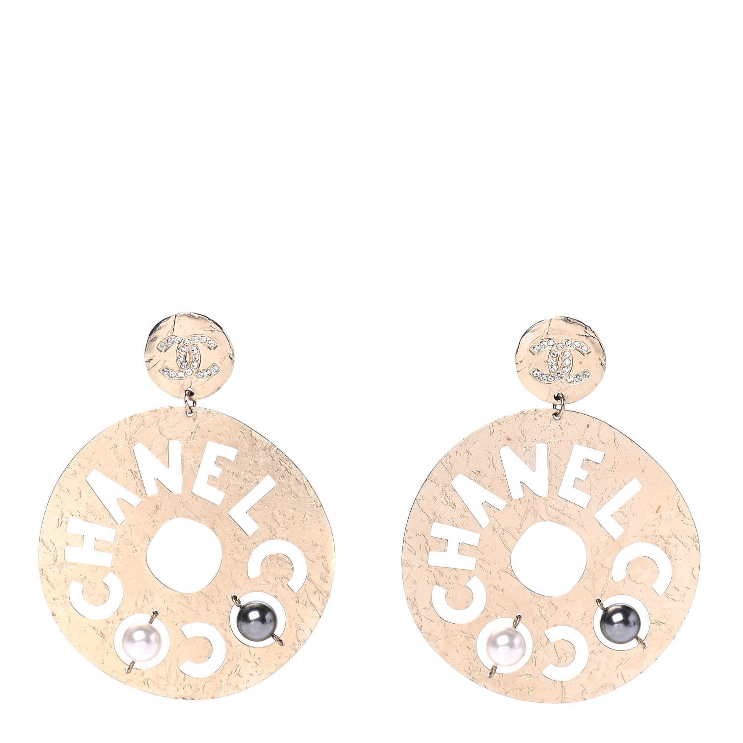 Chanel Crystal Pearl CC Papyrus Drop Earrings Gold Grey 1 of 4