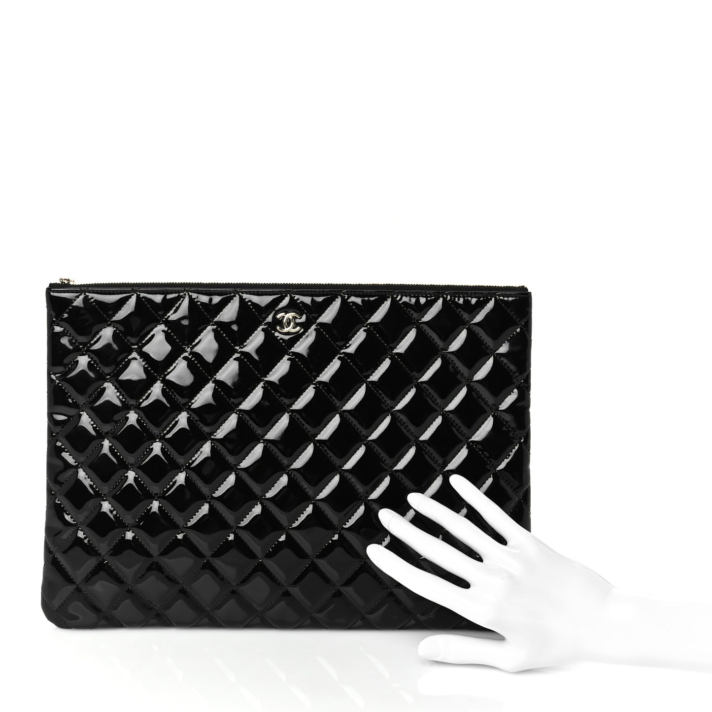 Patent Calfskin Quilted Large Zip Pouch Black