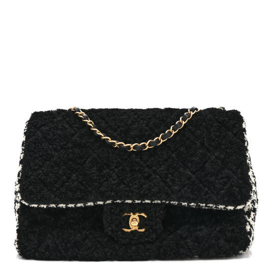 Shearling Tweed Jumbo Single Flap Black White