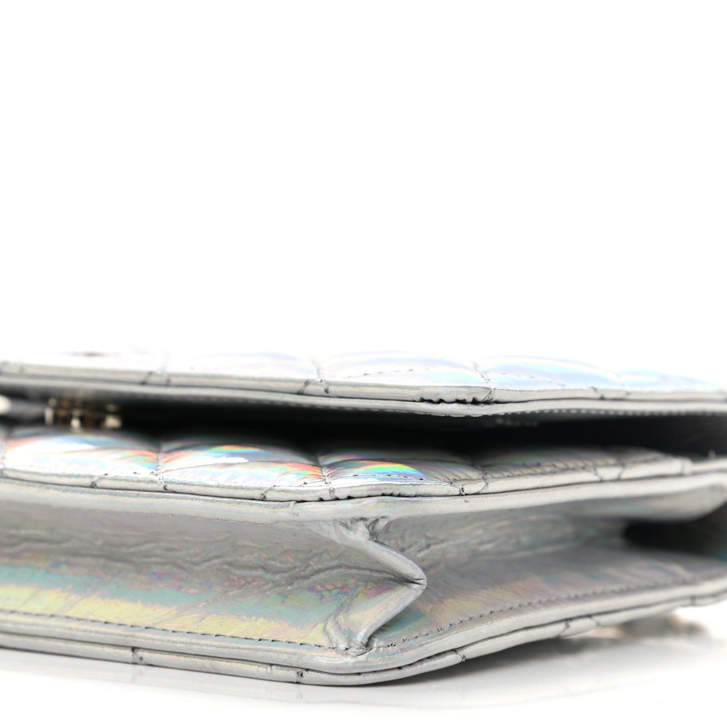 Iridescent Goatskin Quilted Wallet On Chain WOC Silver