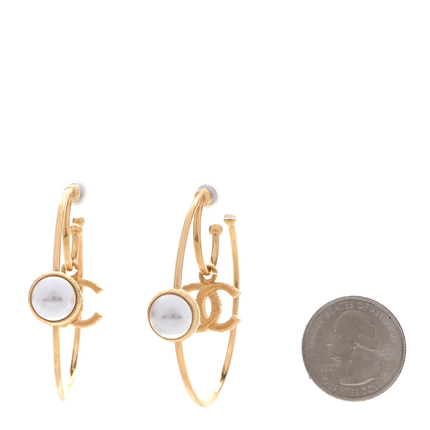 Pearl CC Tags Hoop Earrings Gold