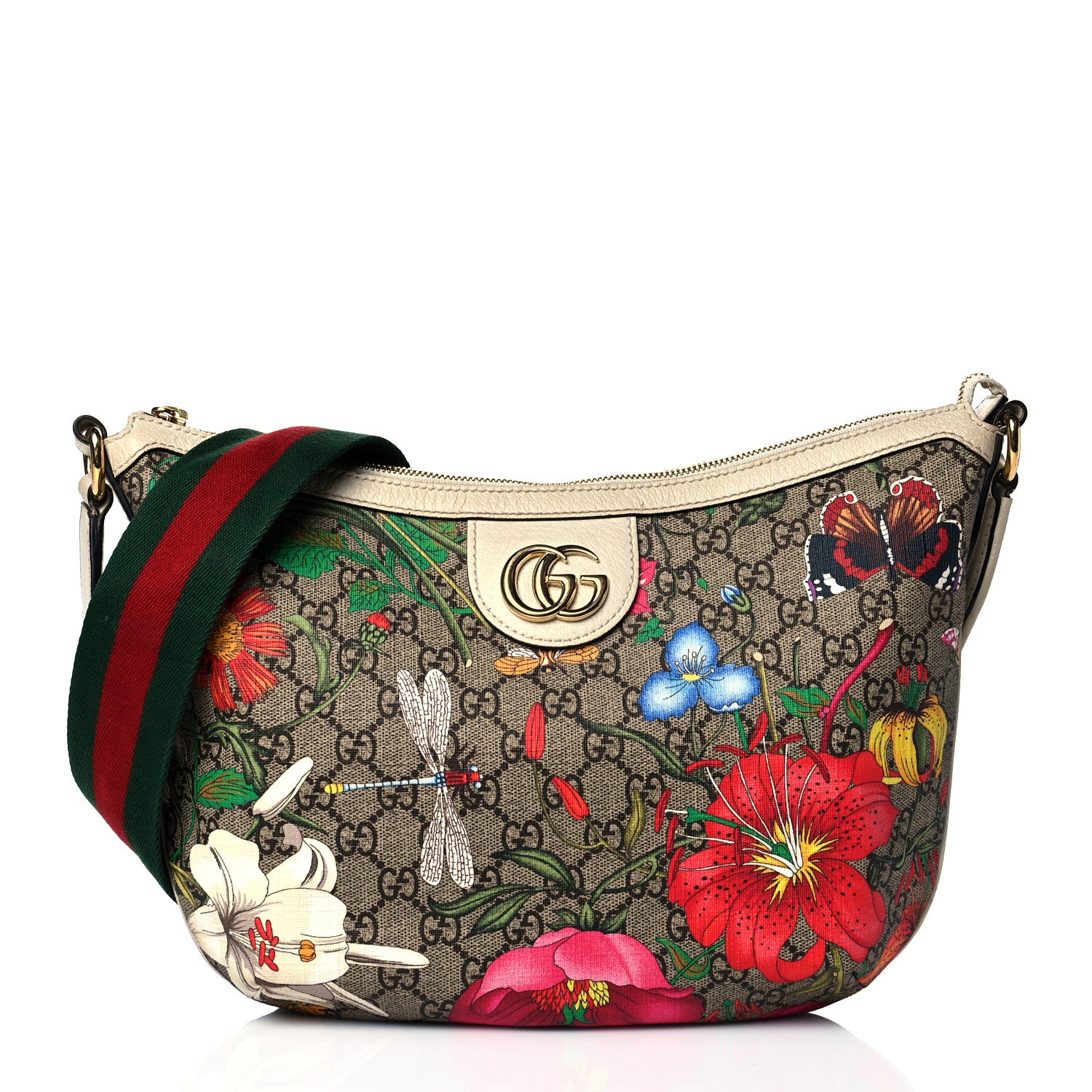 Gucci GG Supreme Monogram Flora Web Small Ophidia Half Moon Hobo White 1 of 12