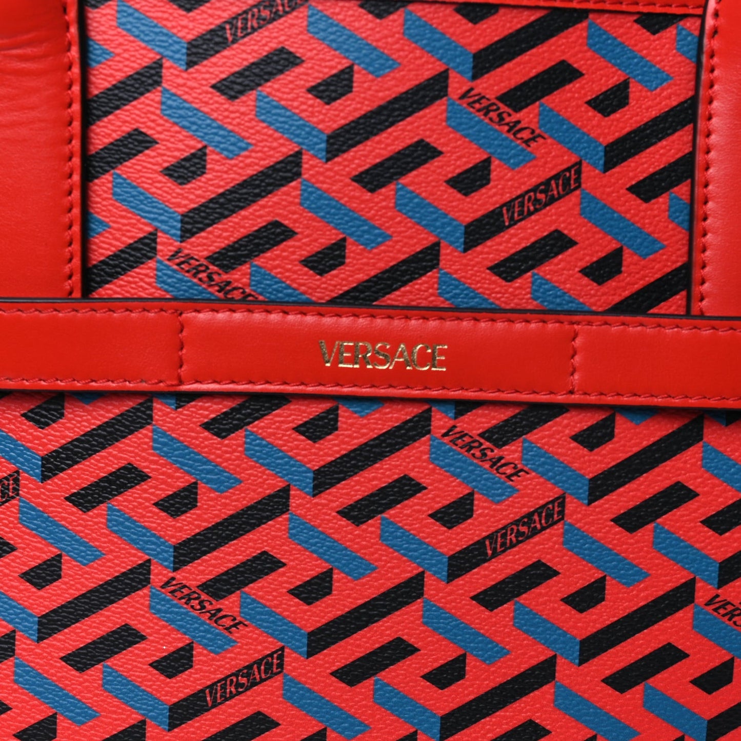 Coated Canvas Calfskin La Greca Signature Tote Bag  Blue Red
