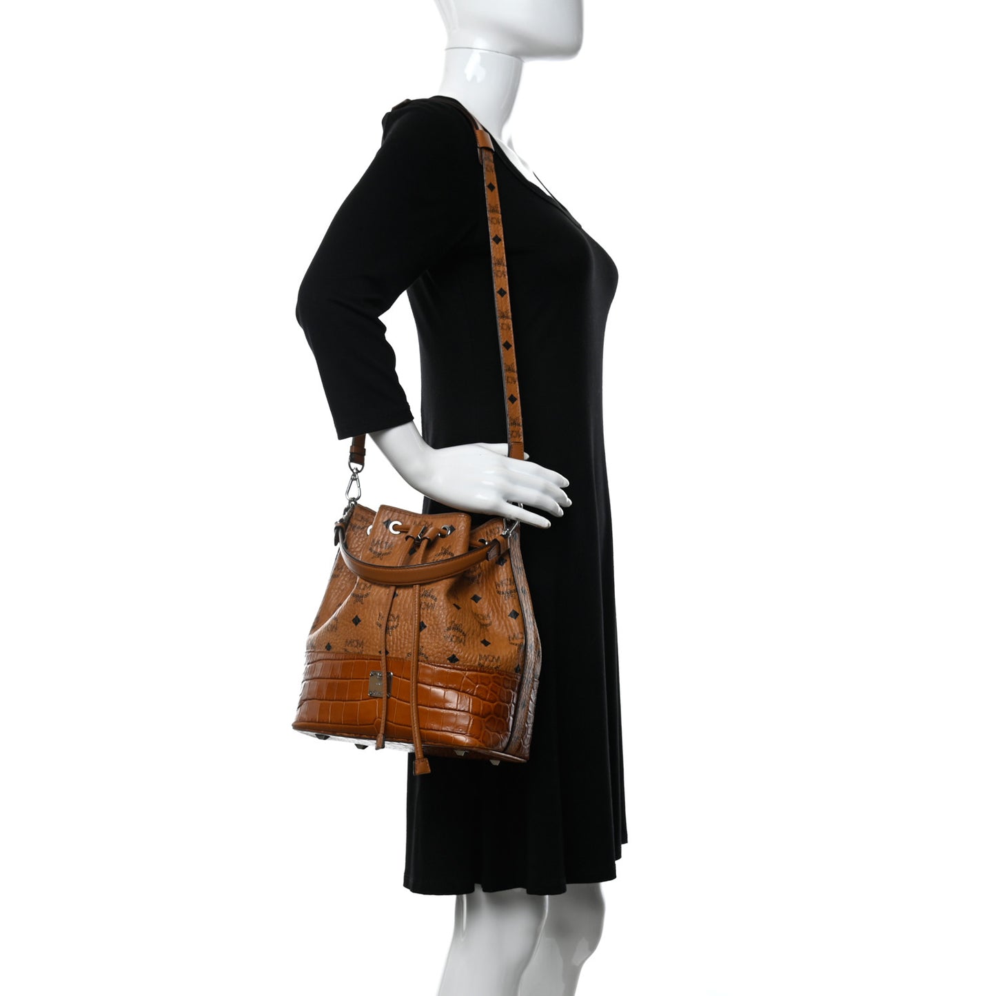 Visetos Crocodile Embossed Geonautic Bucket Bag Cognac