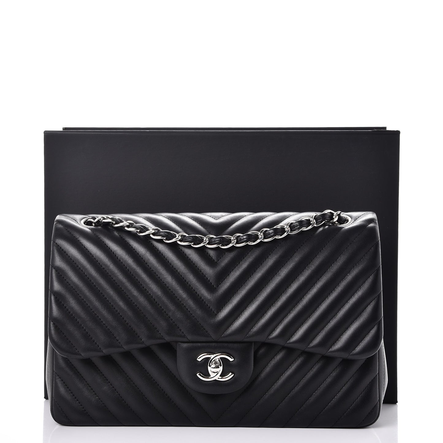 Lambskin Chevron Quilted Jumbo Double Flap Black