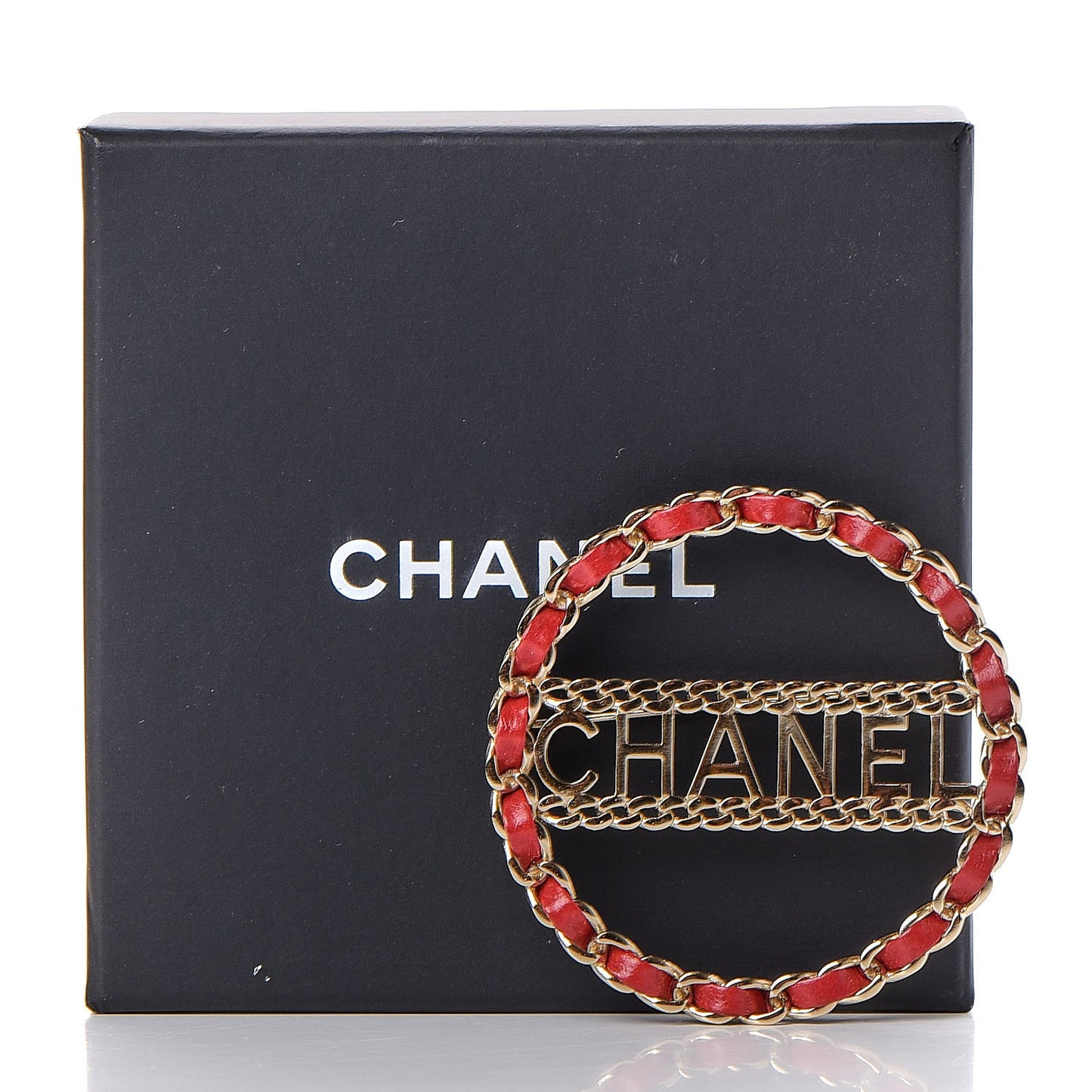 Lambskin Chain Logo Brooch Red Gold