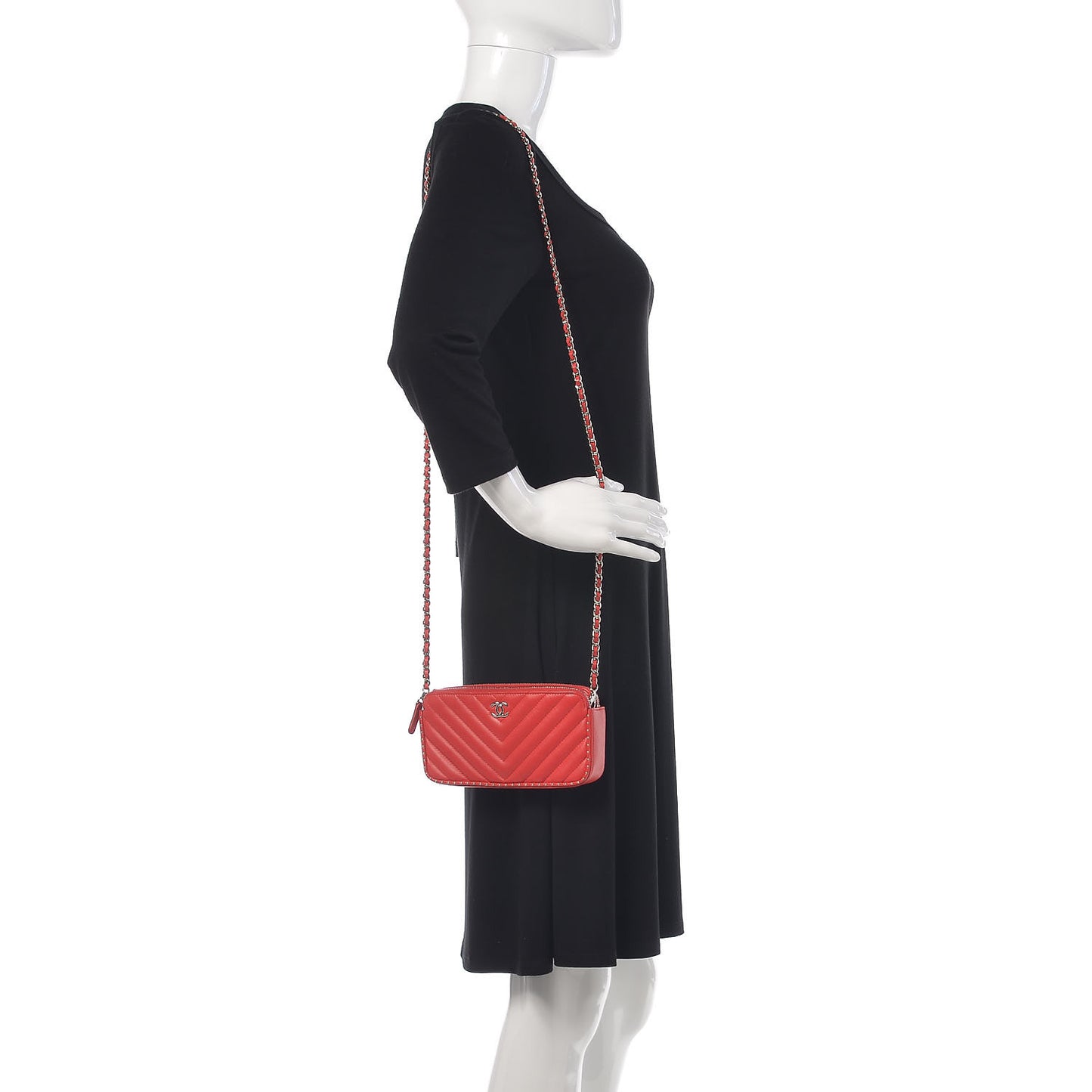 Lambskin Chevron Quilted Studded Small Clutch With Chain Red