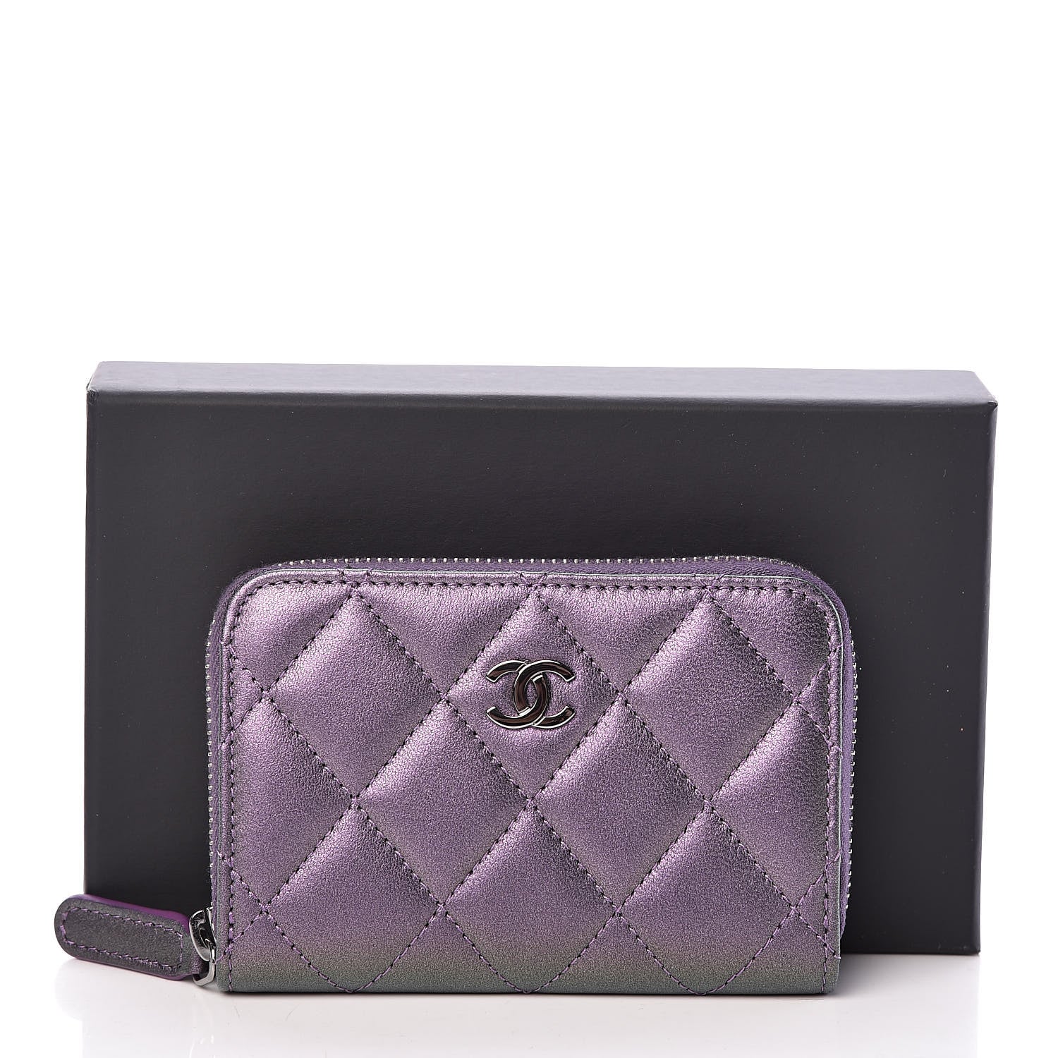Chanel Metallic Lambskin Quilted Zip Around Coin Purse Wallet Dark Purple 8 of 8