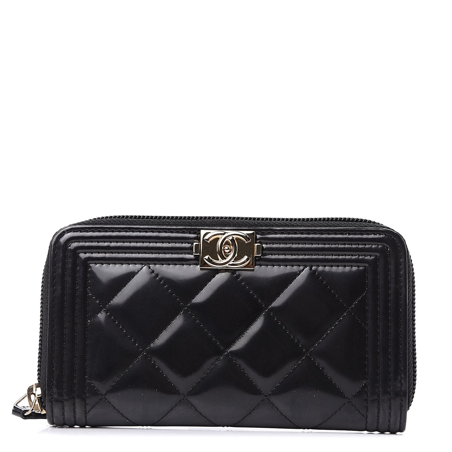 Glazed Calfskin Quilted Small Boy Zip Around Wallet Black