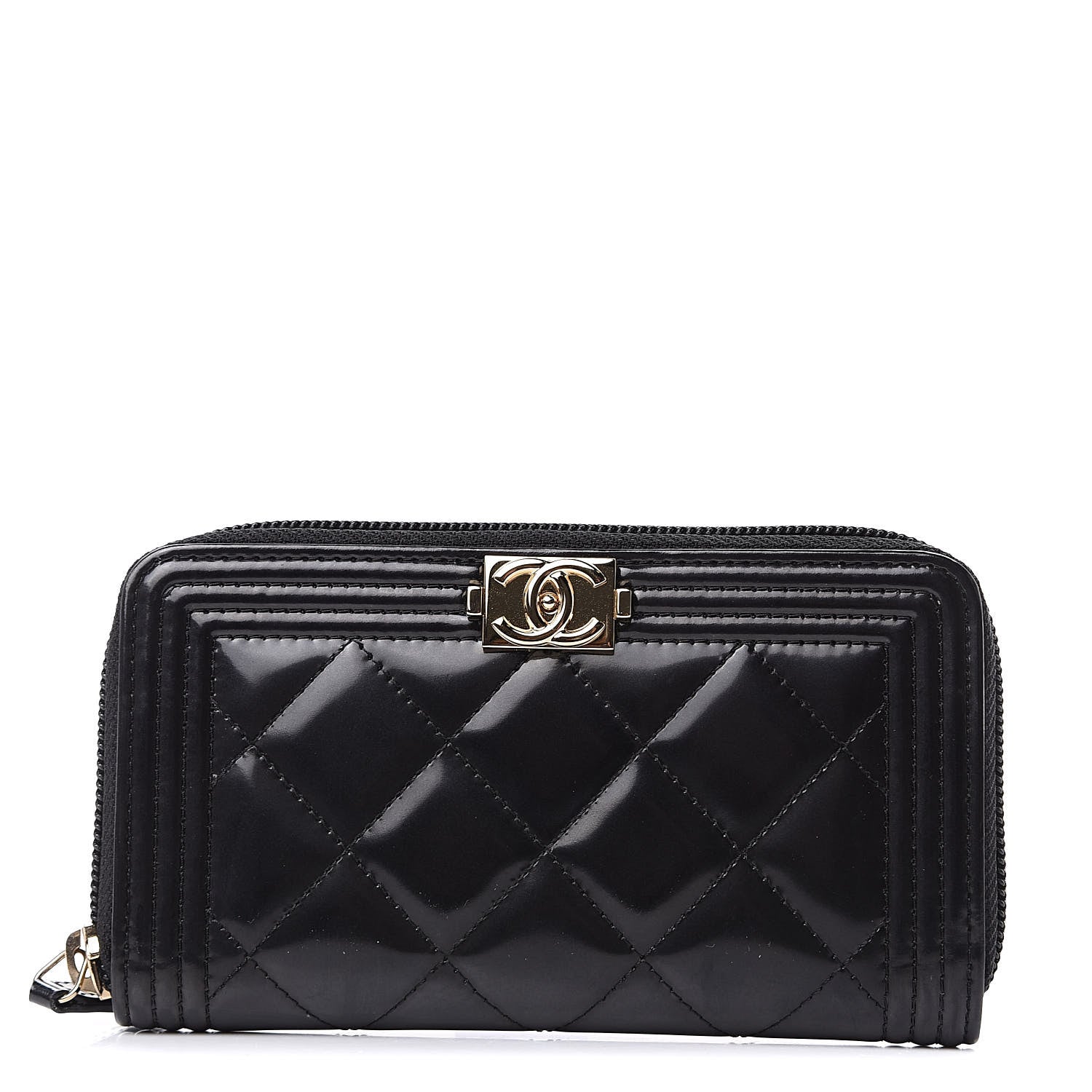 Chanel Glazed Calfskin Quilted Small Boy Zip Around Wallet Black 1 of 9