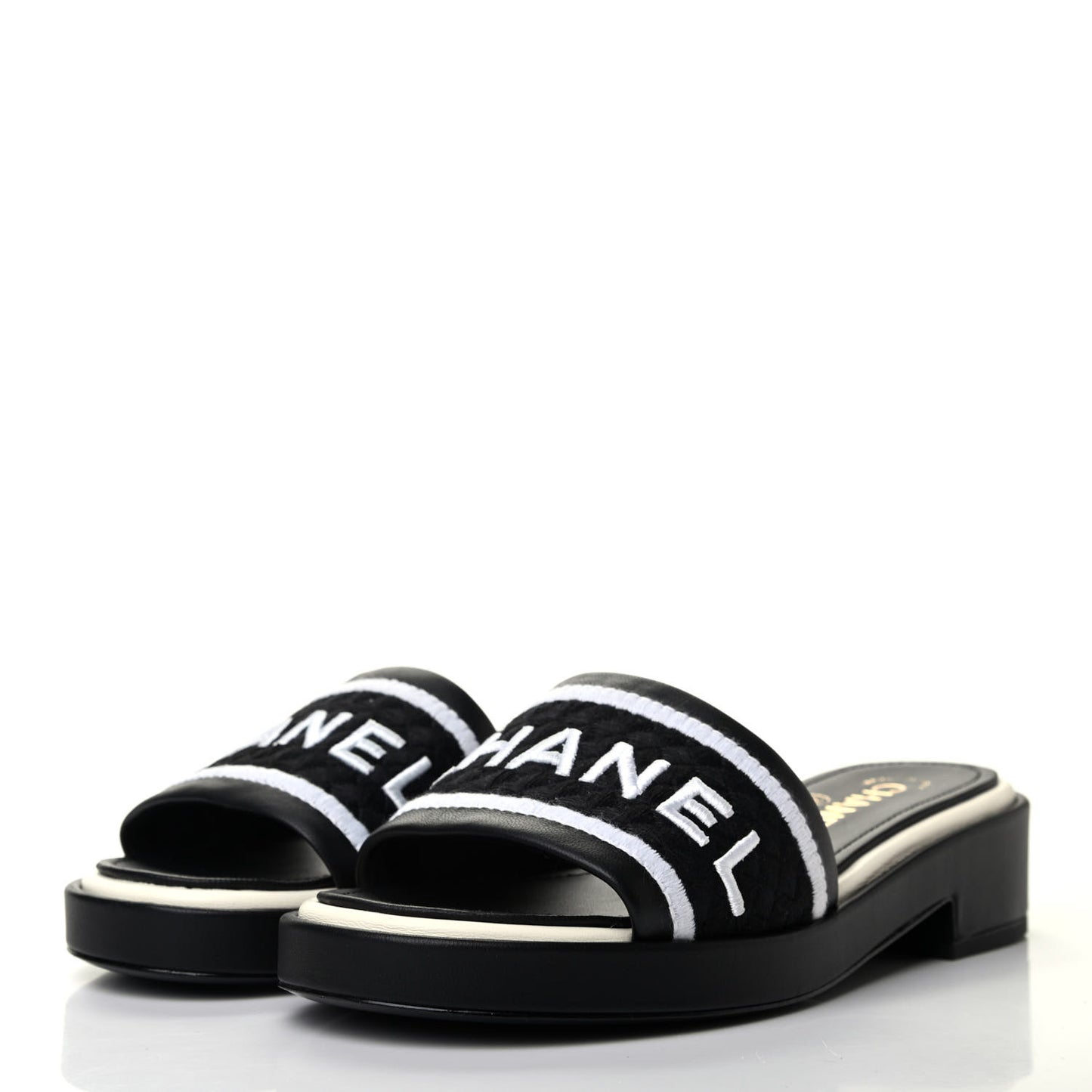 Lambskin Embroidered CC Mule Sandal 37 Black White