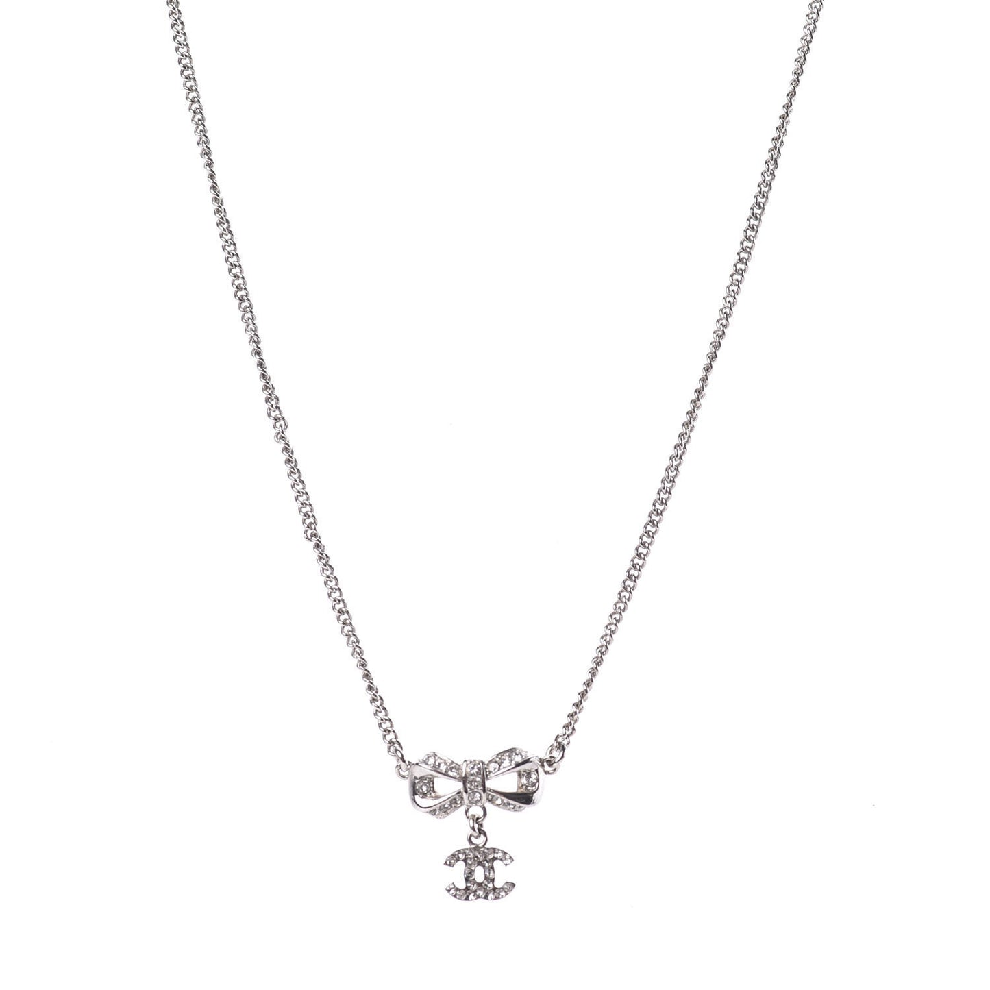 Crystal CC Bow Necklace Silver