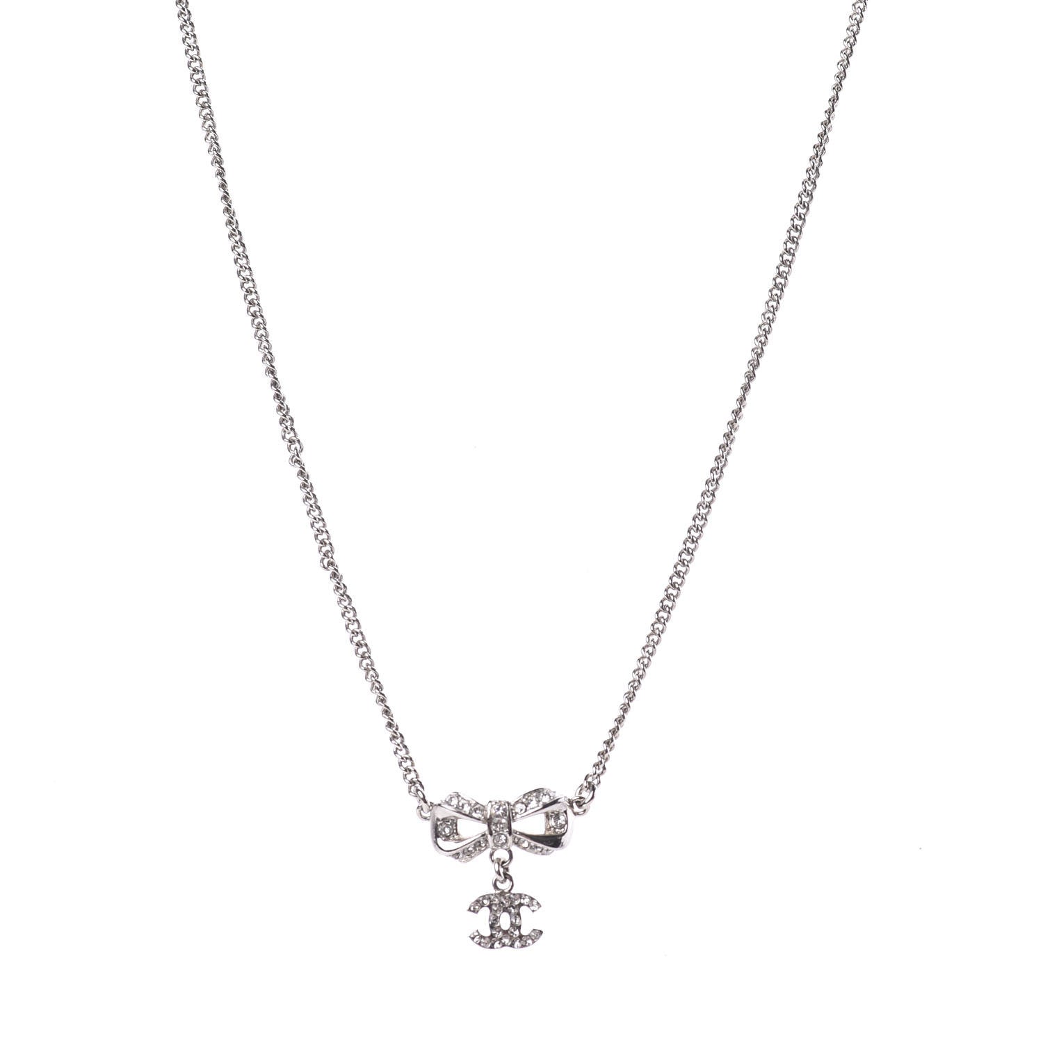 Chanel Crystal CC Bow Necklace Silver 1 of 5