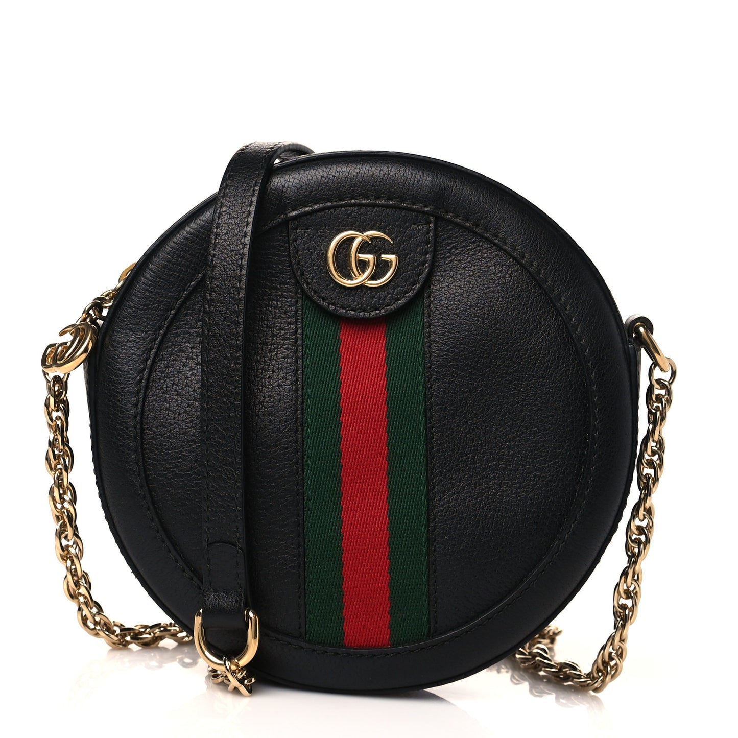 Grained Calfskin Web Mini Ophidia Round Shoulder Bag Black