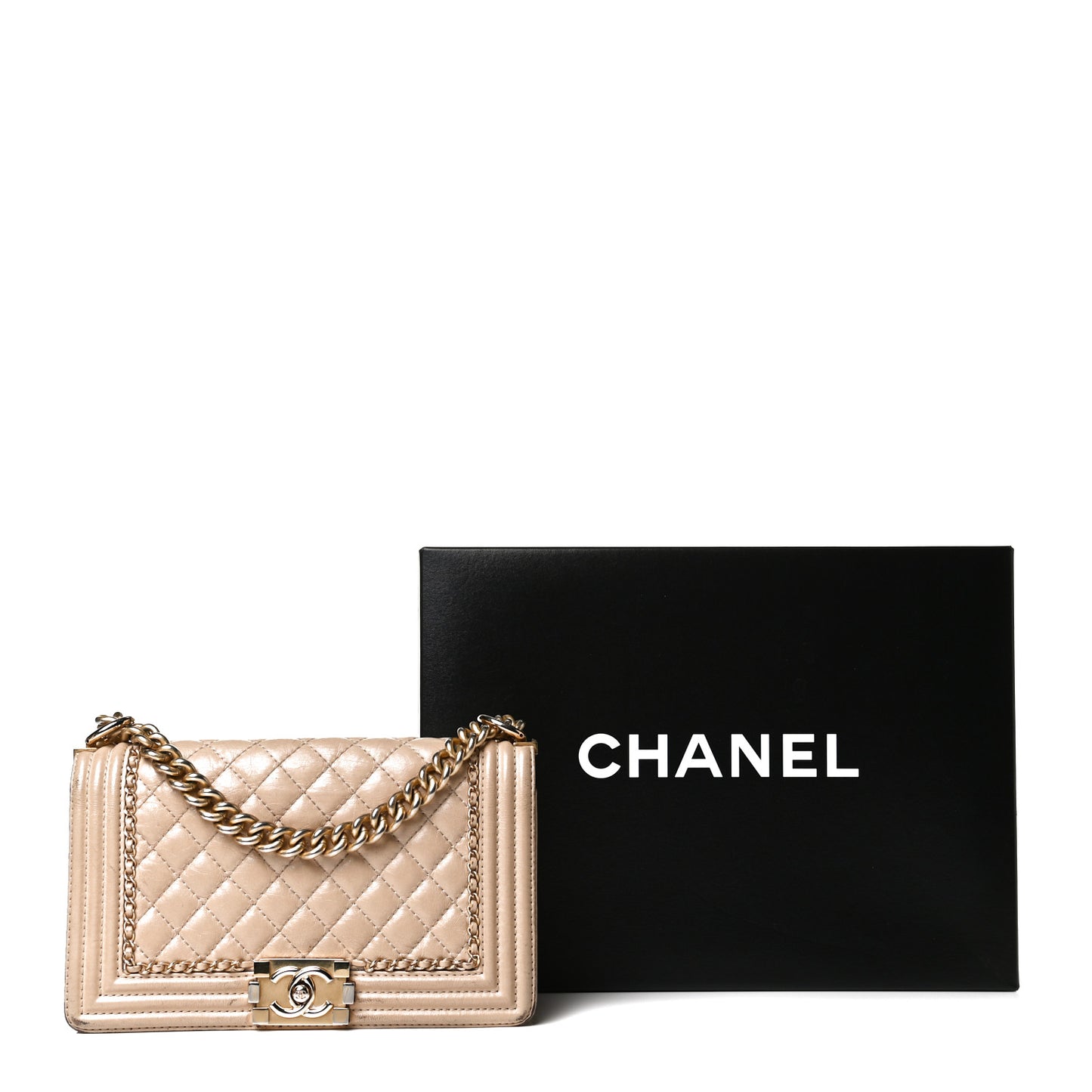 Aged Calfskin Quilted Medium Jacket Boy Flap Light Beige