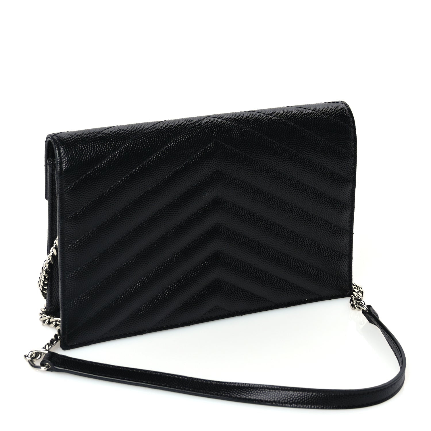 Saint Laurent Grain De Poudre Matelasse Chevron Monogram Envelope Chain Wallet Black 3 of 16