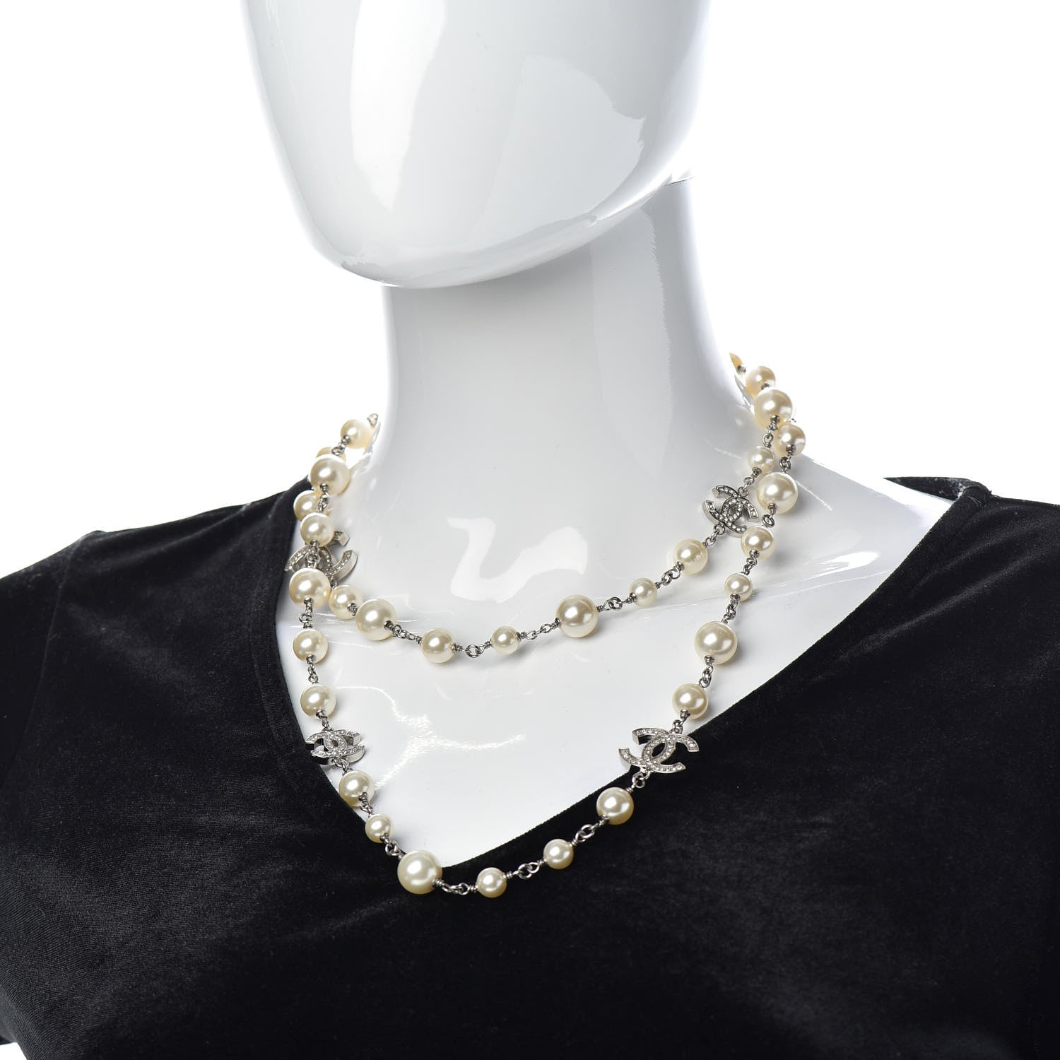 Chanel Crystal Pearl CC Long Necklace Silver 2 of 5