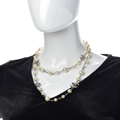 Chanel Crystal Pearl CC Long Necklace Silver 2 of 5