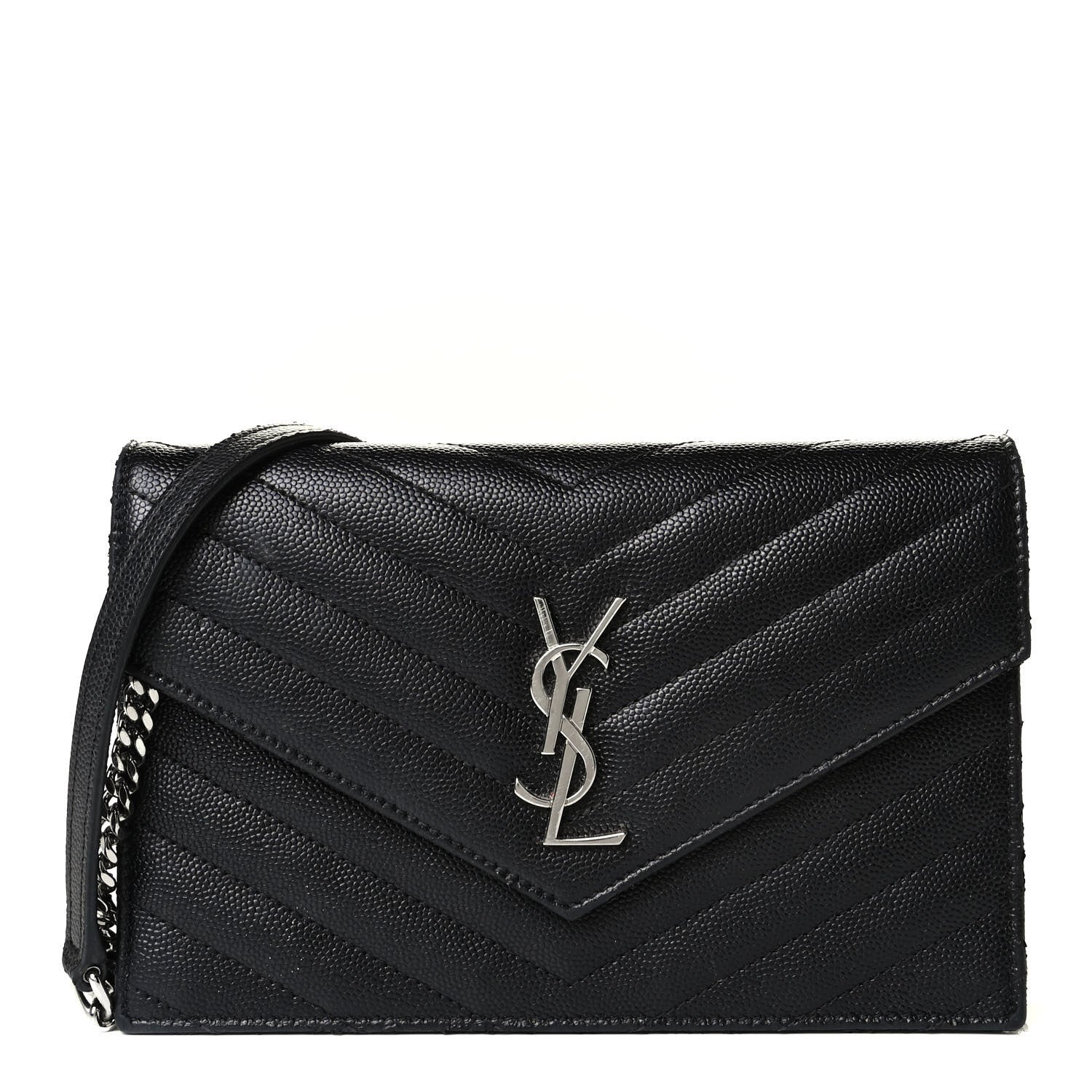 Saint Laurent Grain De Poudre Matelasse Chevron Monogram Envelope Chain Wallet Black 1 of 7