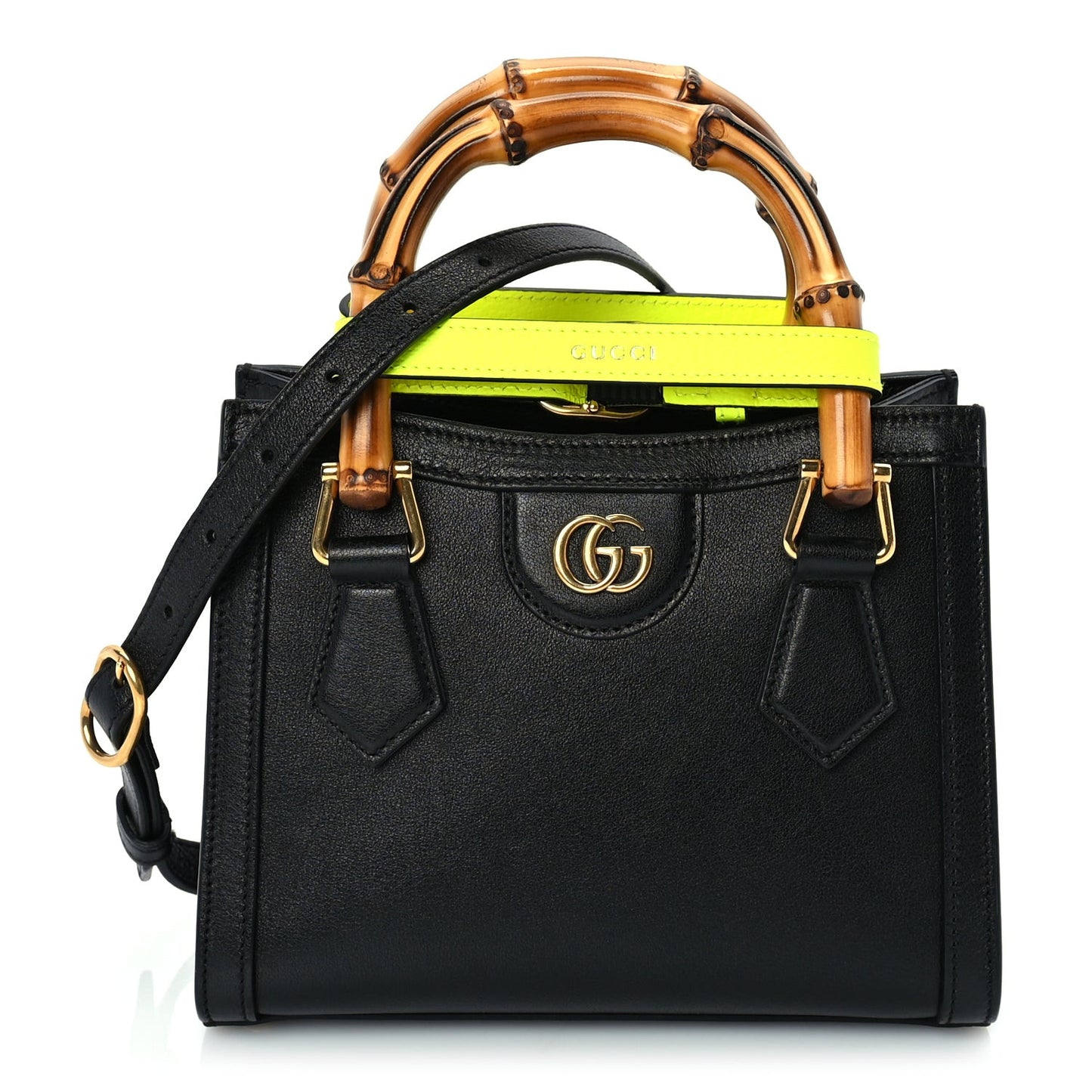 Wonka Grain Calfskin Mini Diana Tote Bag Black Yellow Fluo