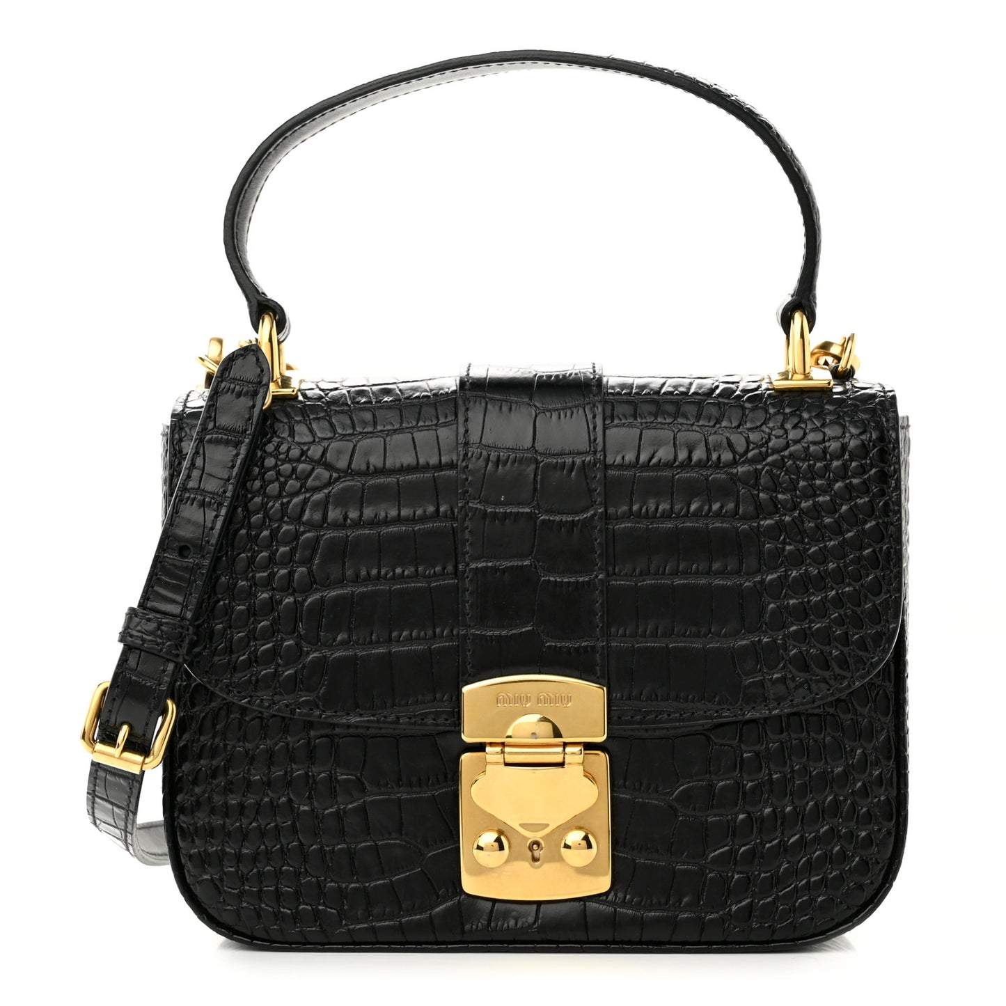 Crocodile Print Calfskin Top Handle Bag Black