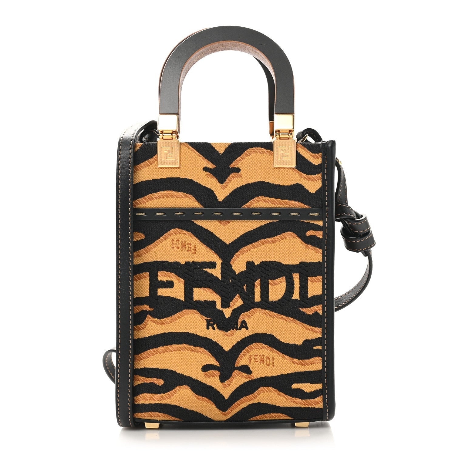 Fendi Canvas Vitello King Chinese New Year Tiger Embroidered Sunshine Shopper Tote Black Dark Yellow 1 of 7