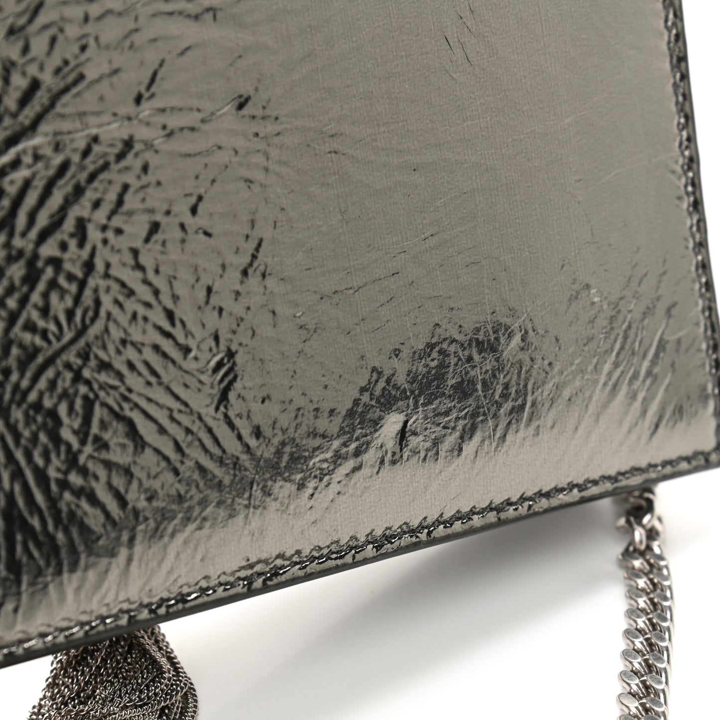 Metallic Crackled Calfskin Kate Monogram Tassel Chain Wallet Argento