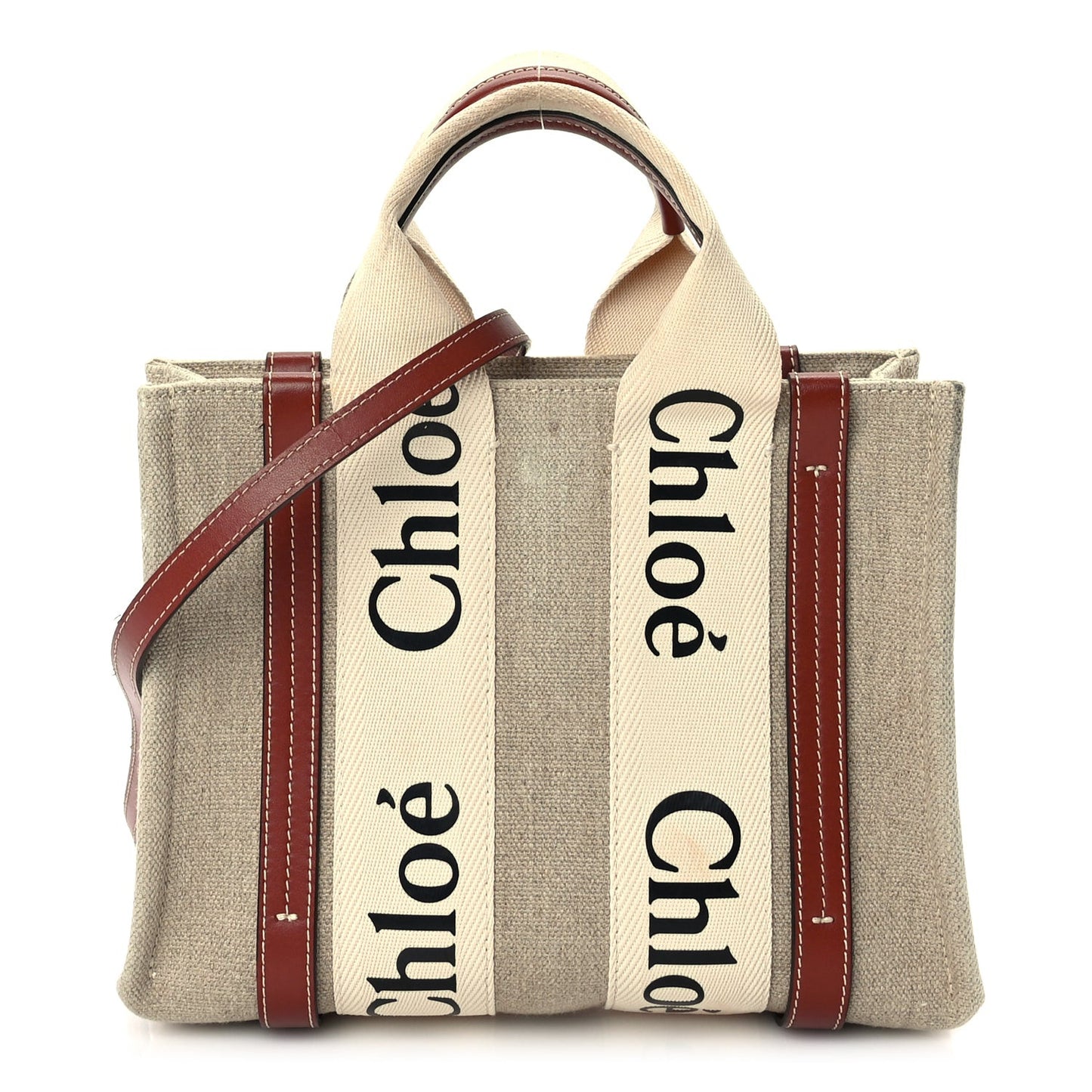 Cotton Calfskin Small Woody Ribbon Tote  White Brown
