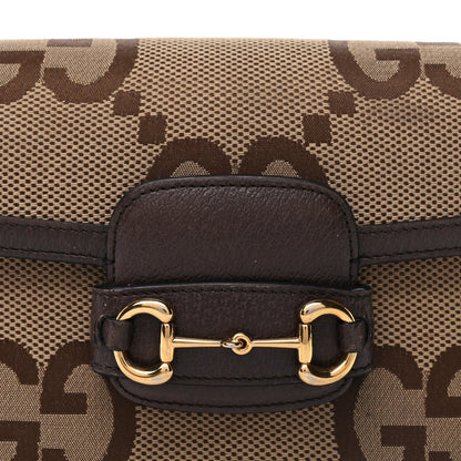 Gucci Monogram Jumbo GG Textured Dollar Calfskin Web Mini Horsebit 1955 Shoulder Bag Camel Ebony New Acero 7 of 9