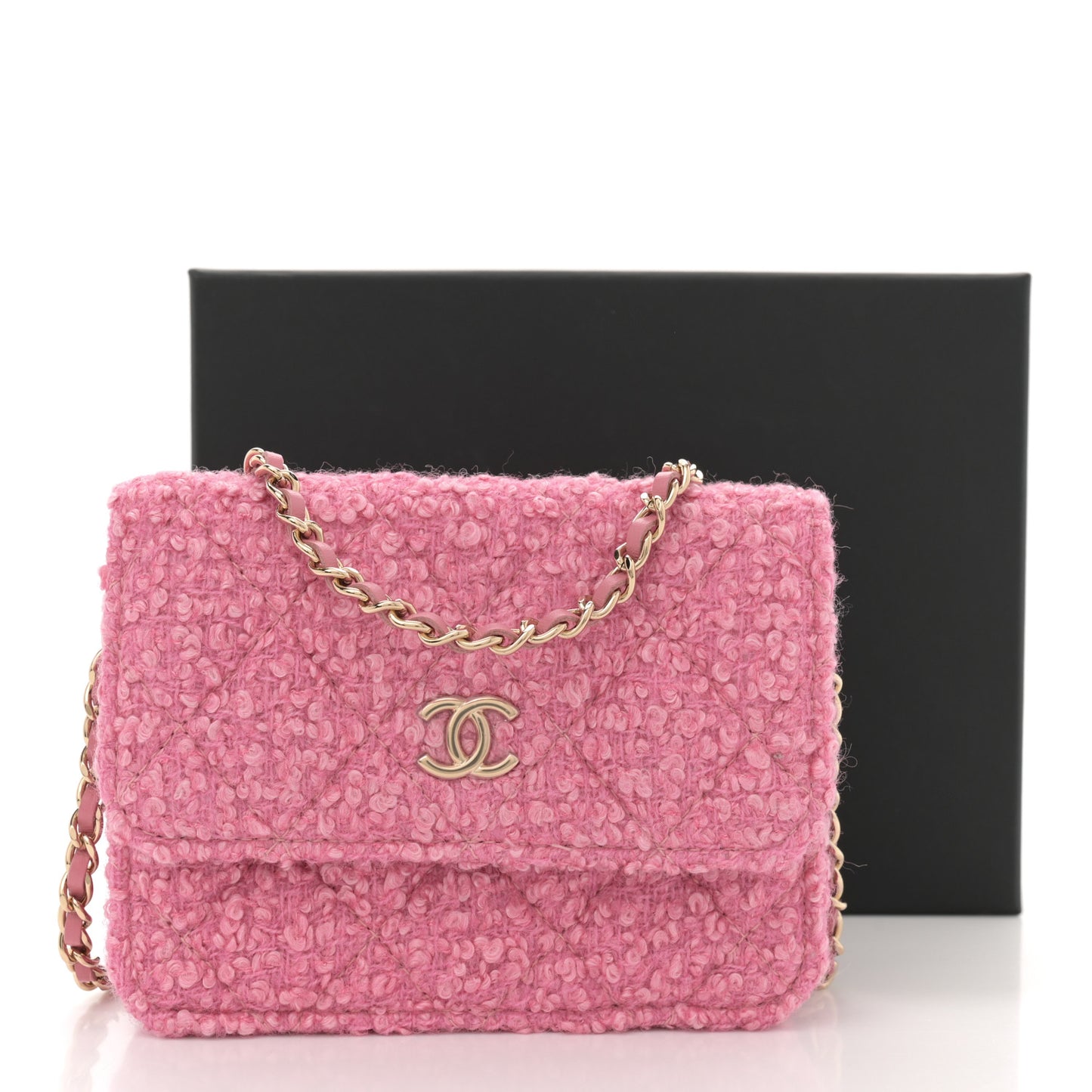 Tweed Quilted Flap Chain Waist Bag Pink