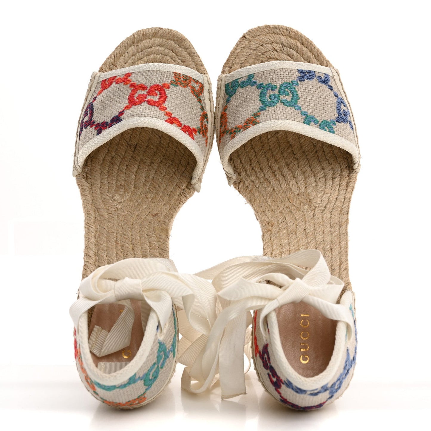 Linen Psychedelic Mini GG Monogram Ankle Wrap Platform Espadrille Wedge Sandals 39 Multicolor Mystic White