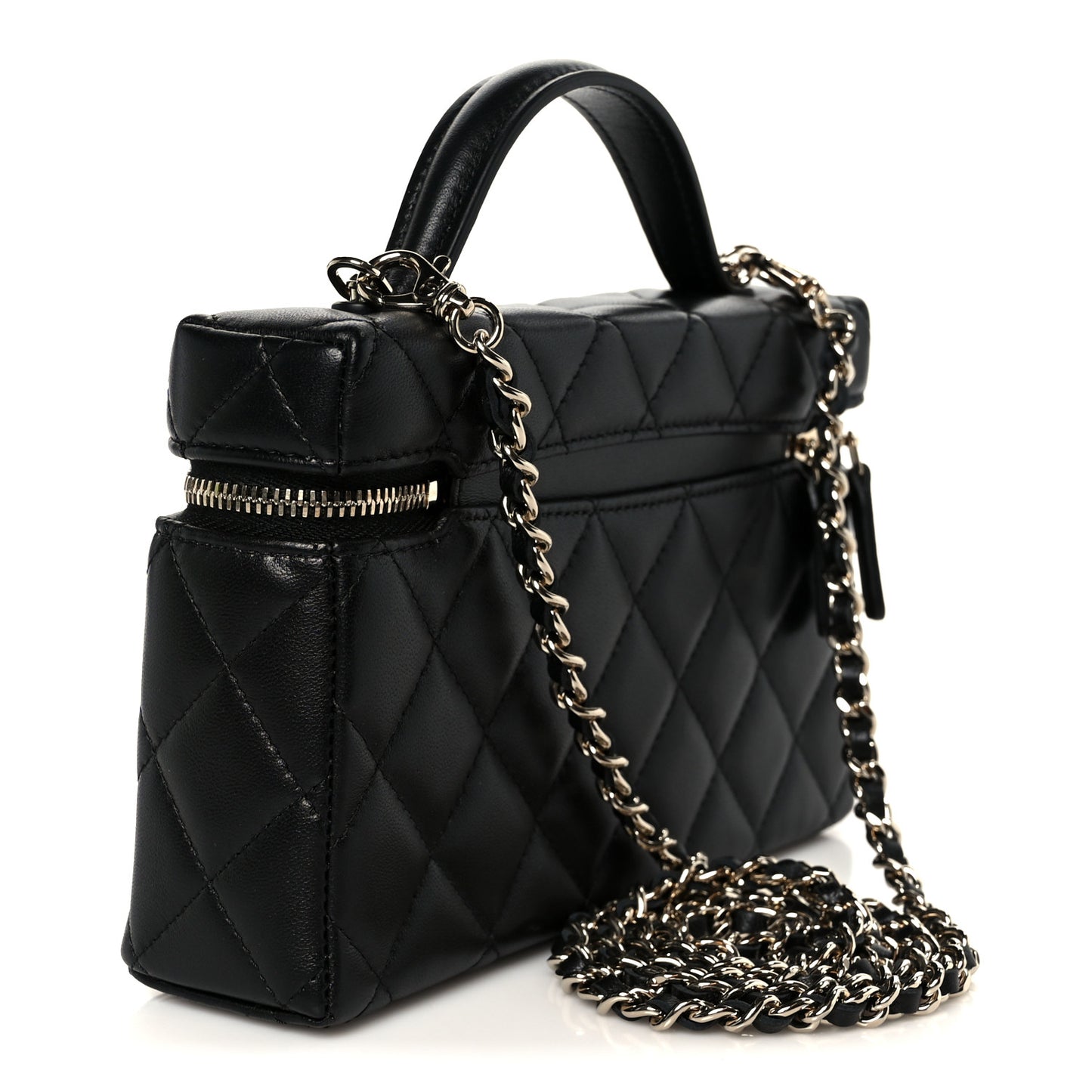 Lambskin Quilted Top Handle Slim Vanity With Chain Black