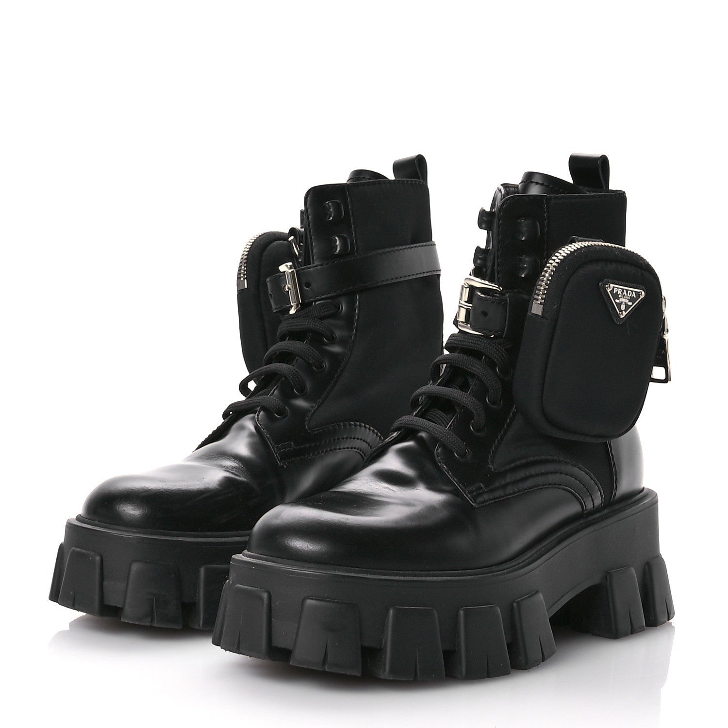 Prada Spazzolato Rois Re-Nylon Metal Triangle Logo Monolith Pouch Pocket 55mm Boots 35.5 Black 4 of 7