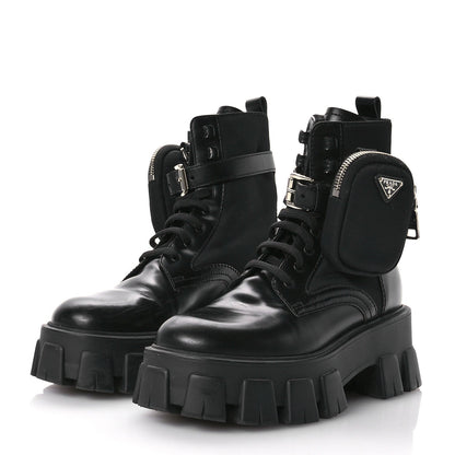 Prada Spazzolato Rois Re-Nylon Metal Triangle Logo Monolith Pouch Pocket 55mm Boots 35.5 Black 4 of 7