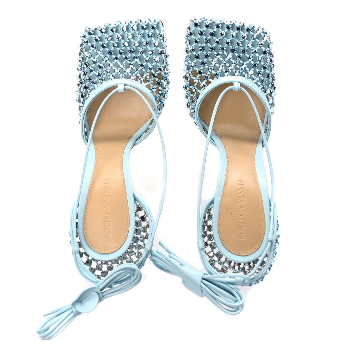 Mesh Nappa Crystal Embellished Sparkle Stretch Ankle Tie Sandals Pale Blue