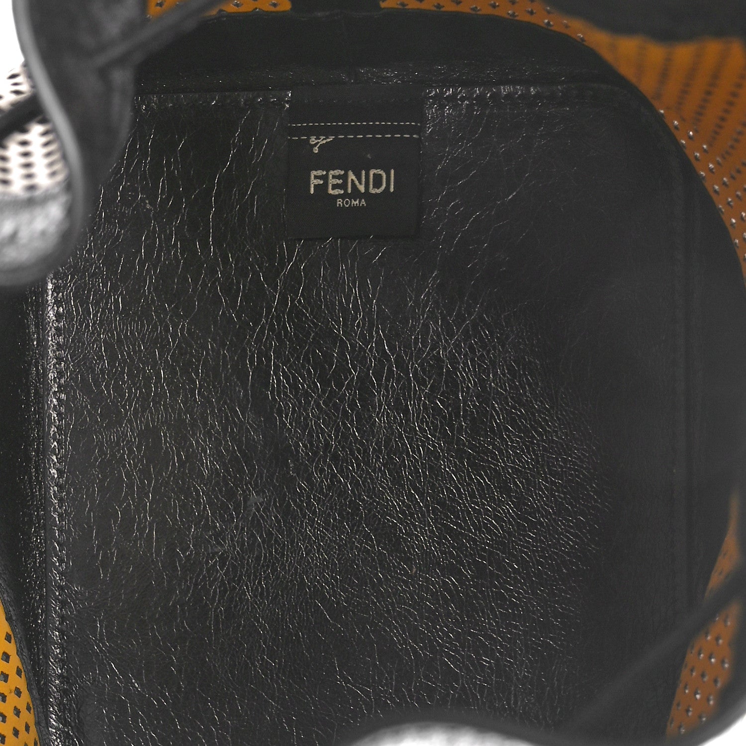 Fendi Vitello Liberty Glossy Lambskin F is Fendi Perforated Small Mon Tresor Bucket Bag Sand Mimosa Black 6 of 10