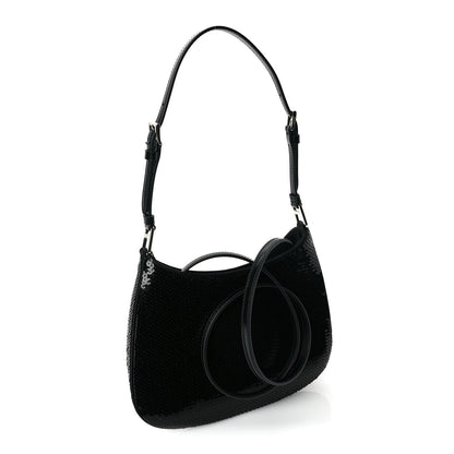 Prada Paillettes Sequin Logo Cleo Adjustable Strap Shoulder Bag Black White 2 of 8