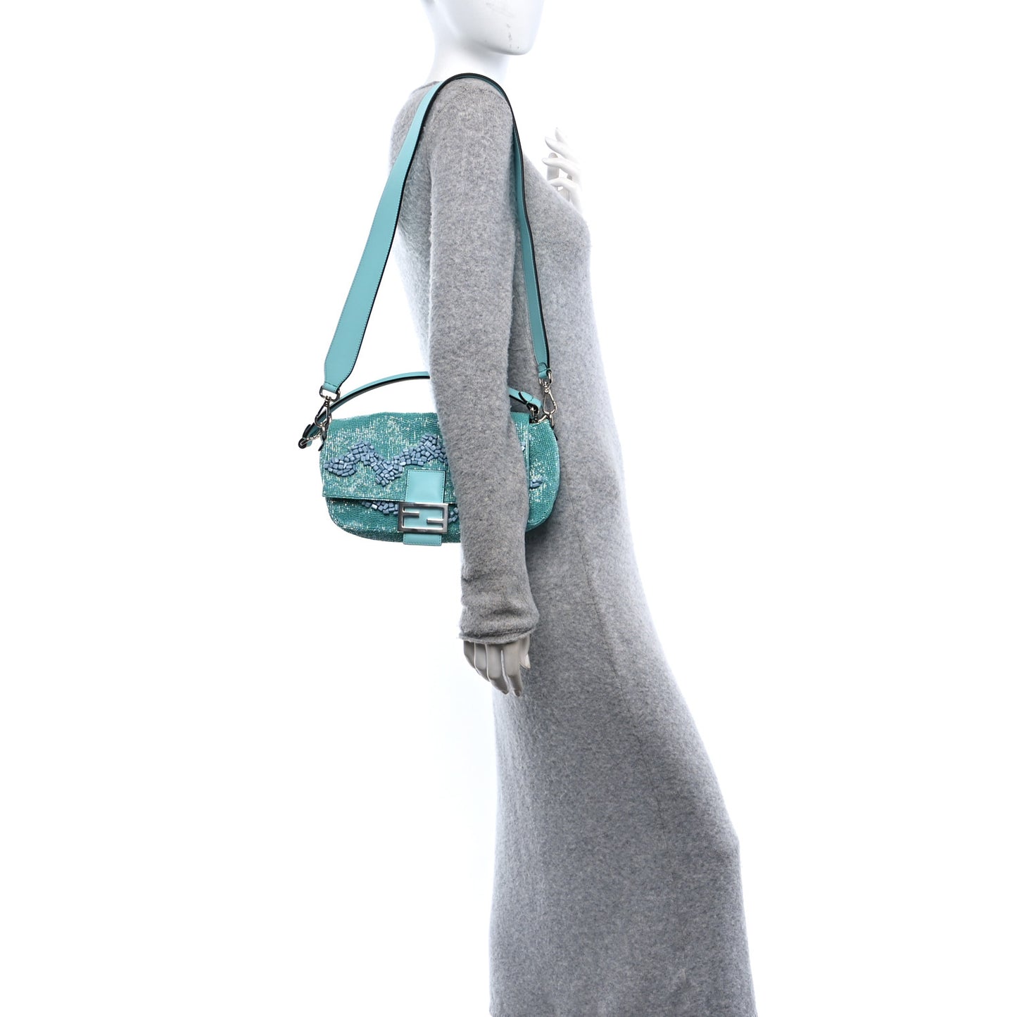 Rolling Stone Vitello Seta Bead Embroidered Re-Edition Baguette Spring Turquoise