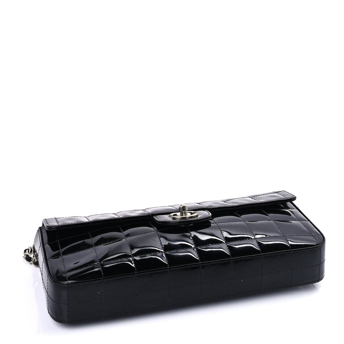 Patent Quilted East West Chocolate Bar Flap Black
