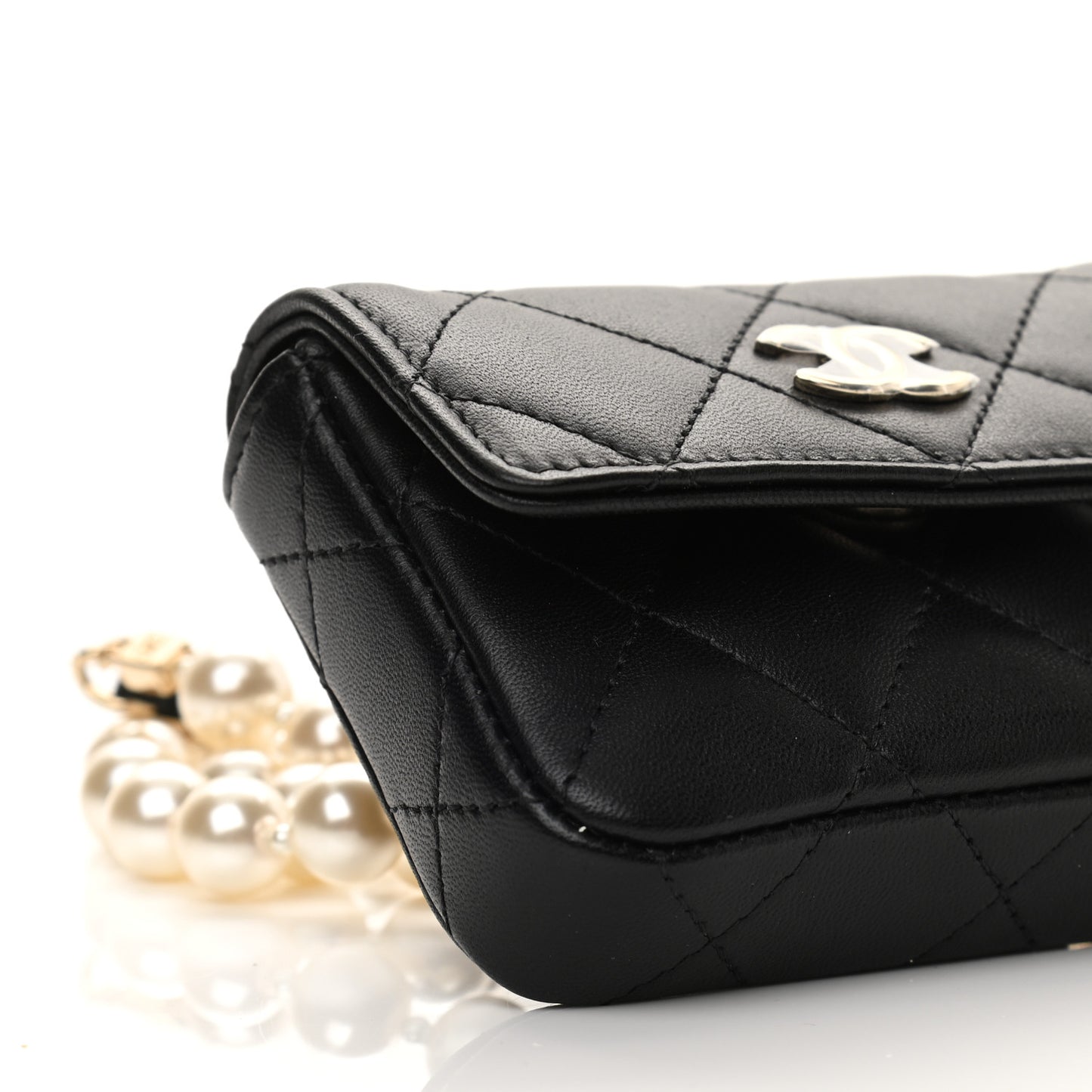 Lambskin Quilted Pearl Chain Belt Bag Black