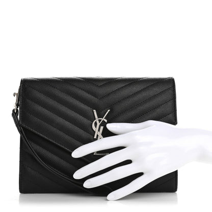 Saint Laurent Grain De Poudre Matelasse Chevron Monogram Envelope Clutch Black 2 of 7